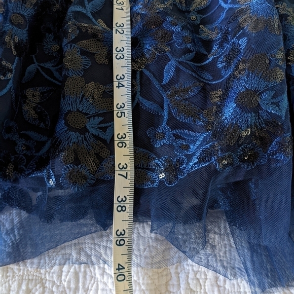 MARINA Blue Mesh And Sequin Sleeveless Dress 10 Illusion Floral Cocktail - Picture 12 of 13